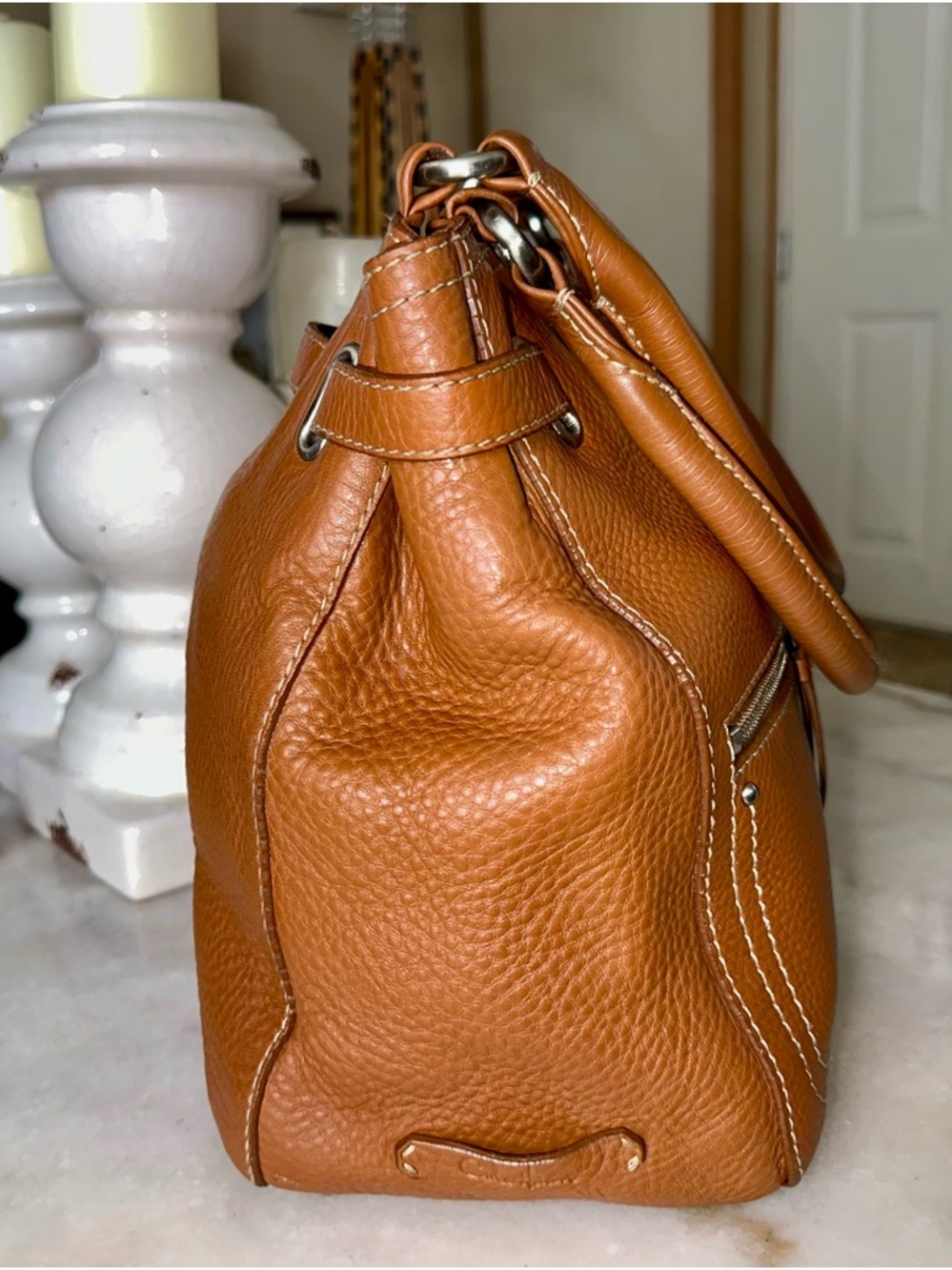 Cole Haan Heritage Village Double Handle Front Zip Tote British Tan Pebbled - Picture 2 of 11